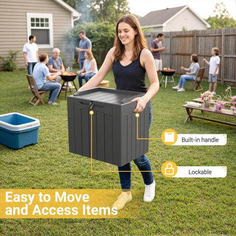 Woman carrying Big 31 Gallon Outdoor Storage Box With Lid For Patio Furniture, Garden Tools, And Pool Supplies, Weatherproof, UV Resistant, Lockable, Dark Grey, Heavy Duty Outdoor Organizer