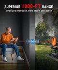 Man using wireless meat thermometer with 1000 ft range indoors while BBQ grill stands outside, emphasizing hands-free monitoring.