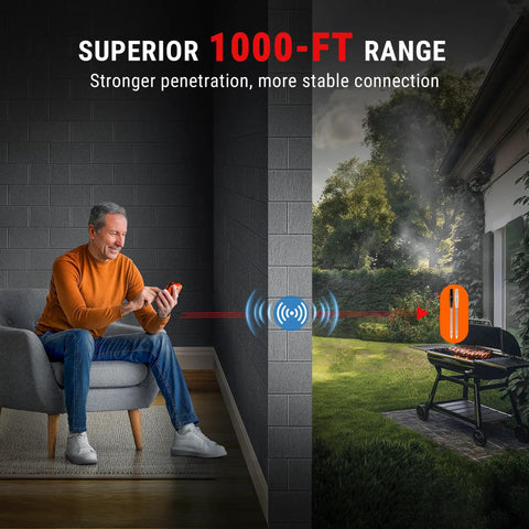 Man using wireless meat thermometer with 1000 ft range indoors while BBQ grill stands outside, emphasizing hands-free monitoring.