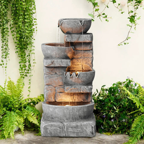Cascading Bowls LED Outdoor Water Fountain With Stacked Stone Base For Gardens Patios Lawns And Balconies A Soothing Ambient Water Feature
