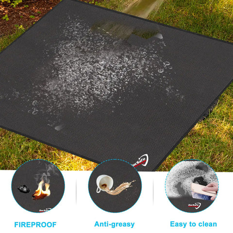 40 Inch Square Fire Pit Mat For Decks, Patios And Grills, Fireproof And Waterproof Under Grill Pad with water beads, fireproof symbols.