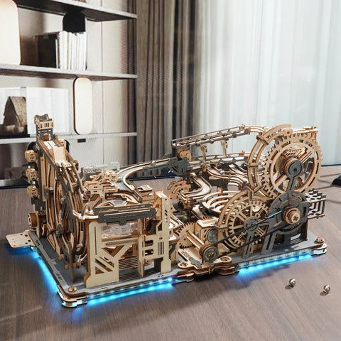 Motorized Marble Run Set With Spaceport And Night City Tracks LGC01 LGA01 Link Pack LG01 A Fully Loaded 3D Puzzle Kit on desk