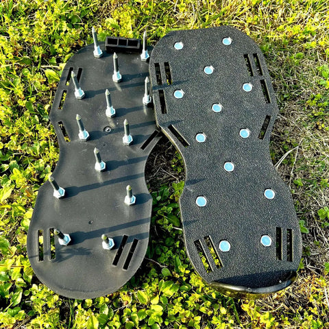 Lawn Aerator Shoes With No Fuss Self Leveling Spikes And Spring System 3 Inch Ground Stakes displayed on grass