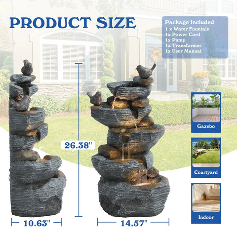 5 Tier Cascading Rock Water Fountain With LED Lights For Outdoor And Indoor Use, resin water feature showing size against home
