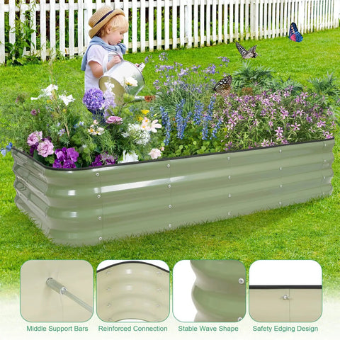 Galvanized Raised Garden Bed Kit 5X3X1 Modular Planter Box For Outdoor Gardening filled with flowers, shown installed on grass with child watering