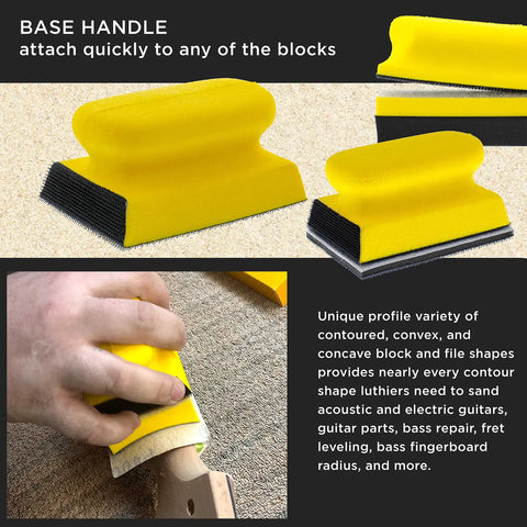 Pro Grade Luthier Hand Sanding Block Set With 40 Sheet Hook And Loop Sandpaper Kit detail of yellow base handle attachment