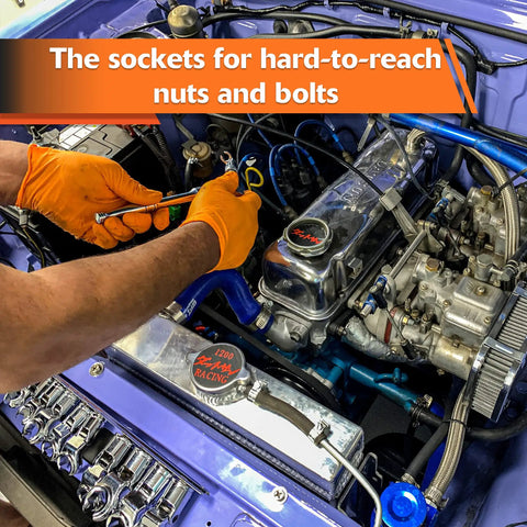 Mechanic using Three Eighths Inch Drive Metric Flare Nut Socket Set, 10 Piece From 10mm To 19mm, for engine maintenance