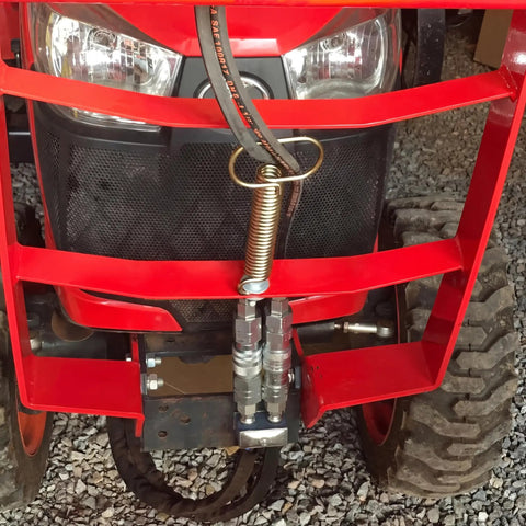 7 Inch Hydraulic Hose Hanger With Spring Clamp Bolt On Kit For Tractors attached to tractor, front view with red frame