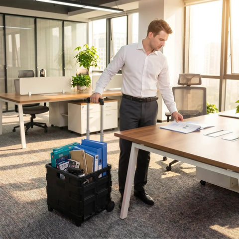 Heavy-Duty Rolling Utility Cart With Collapsible Crate, 60Lb Capacity, in office setting with documents and supplies inside cart