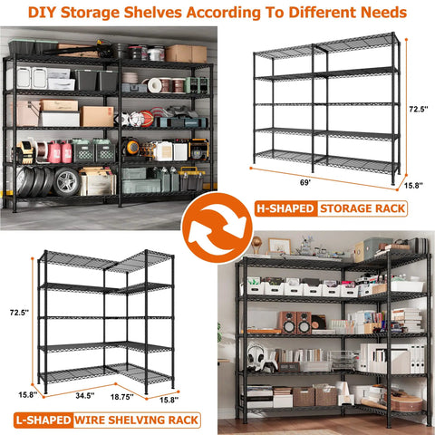 Heavy Duty Five Tier Storage Shelving Unit With Extra Wide 69.8 Inch Wire Rack Holds Up To 1600 Lbs Total Perfect For Garage Workshop Home Storage And Warehouse Organization H-shaped wire storage rack