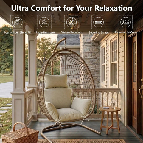 Weatherproof Egg Chair Cushion With 8 Secure Straps Water Repellent Faux Linen Cover on outdoor hanging swing chair on porch