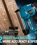 Heavy Duty Cordless Brad Nailer, Bad Boy 2 In 1 Nail Gun For Wood, 18 Gauge Stapler With Dual 2 Amp Hour Batteries showing single and contact firing modes.