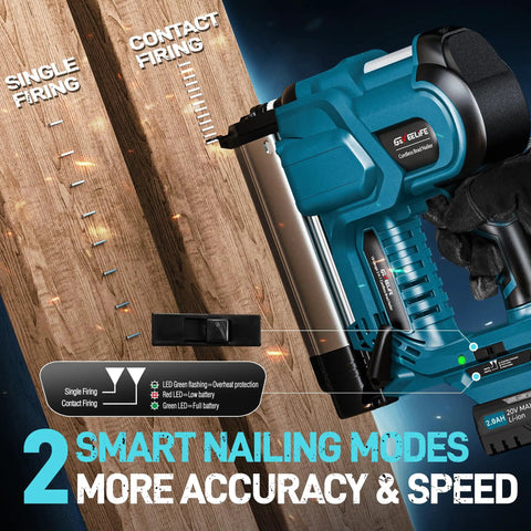 Heavy Duty Cordless Brad Nailer, Bad Boy 2 In 1 Nail Gun For Wood, 18 Gauge Stapler With Dual 2 Amp Hour Batteries showing single and contact firing modes.