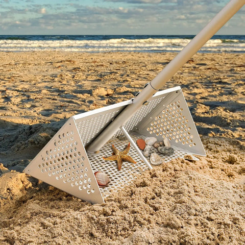 16 Inch Aluminum Sand Flea Rake With Sifter Basket And Scoop For Beach Fishing Bait, Lightweight Yet Durable Aluminum Beach Tool With Corrosion Resistant Build, Ergonomic, Back Friendly, Makes Sand Flea Hunting And Bait Gathering A Breeze
