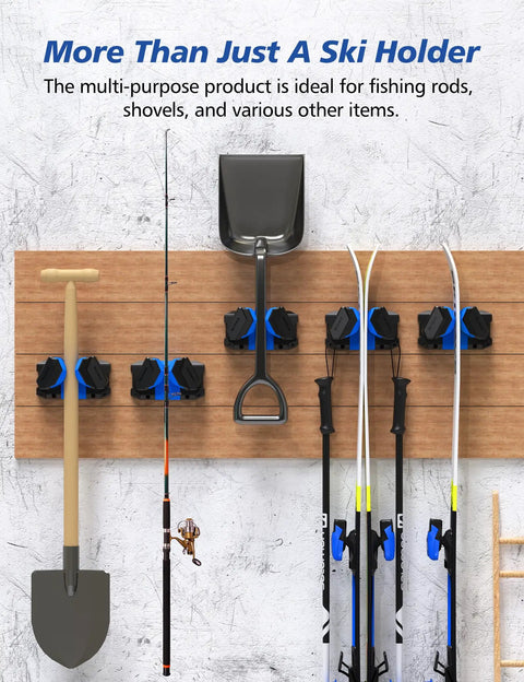Durable Ski Wall Rack with Nonslip Rubber Grips Stores Winter Gear Safely in Garage or Shop, holding skis, shovels, and fishing rods.