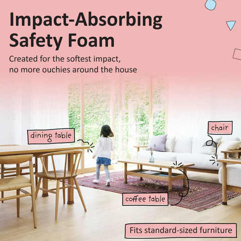 Top Shelf Baby Proofing Edge And Corner Guard Protectors Featuring Twenty Feet Of PreTaped Shock Absorbing Rubber Foam With Eight Thick Furniture Bumpers For No Sweat Toddler Safety And Quick Peel Off Cleanup in a home with a child, showing dining table, chair, and coffee table.