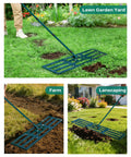 Heavy Duty Lawn And Yard Leveling Rake 45 Inch By 10 Inch leveling soil in garden with green handle and reinforced brackets.