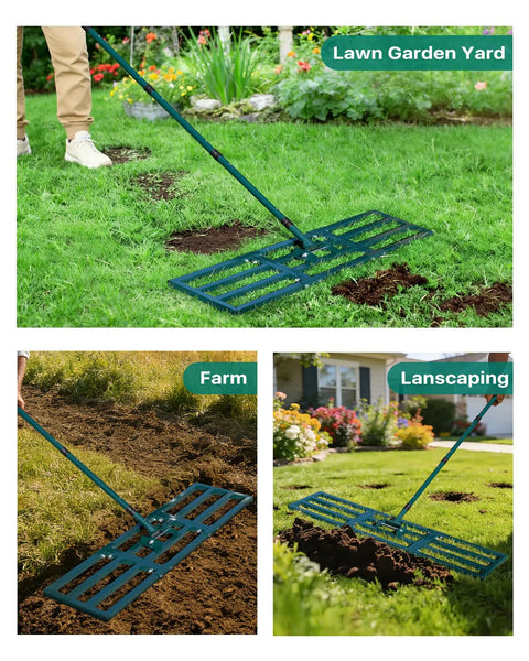 Heavy Duty Lawn And Yard Leveling Rake 45 Inch By 10 Inch leveling soil in garden with green handle and reinforced brackets.