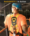 Worker wearing Heavy Duty Double Leg External Shock Absorber Safety Lanyard, OSHA ANSI compliant in construction setting