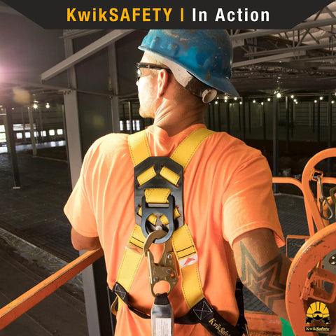 Worker wearing Heavy Duty Double Leg External Shock Absorber Safety Lanyard, OSHA ANSI compliant in construction setting