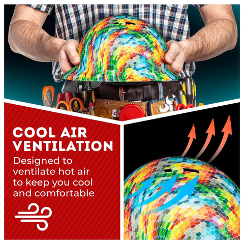 Colorful vented full brim hard hat with ventilation details, demonstrating cooling airflow designed for job site comfort.