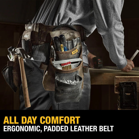 Leather Tool Belt Organizer With 18 Pockets For Pros in use, showing various tools in pockets, quick grab tape clip visible