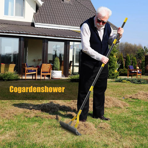 Man using Heavy Duty Pro Grade Thatch Rake For Lawns 15 Inch Dual Action Dethatcher in garden