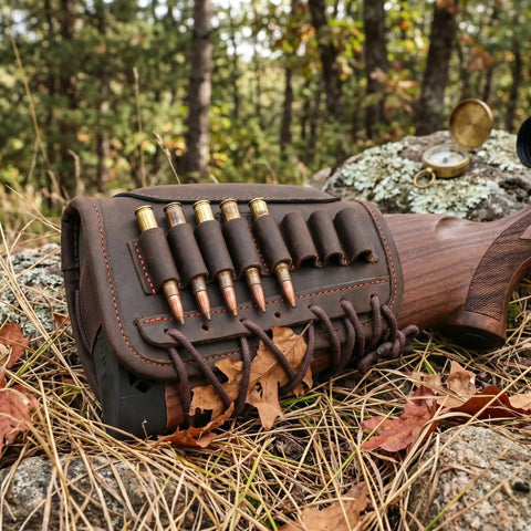 Adjustable Cheek Riser Rifle Stock Pad With Leather Protection And Eight-Round Ammo Holder in outdoor setting