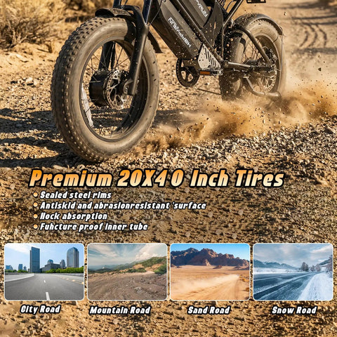 Close-up of Dual Motor Electric Fat Tire Ebike For Adults With Removable Dual Battery on rocky terrain showcasing 20-inch fat tires.