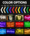 Custom Neon Signs For Wall Decor color options showing LED neon signs in pink, white, purple, red, orange, yellow, green, blue, and golden.
