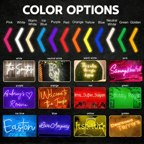 Custom Neon Signs For Wall Decor color options showing LED neon signs in pink, white, purple, red, orange, yellow, green, blue, and golden.