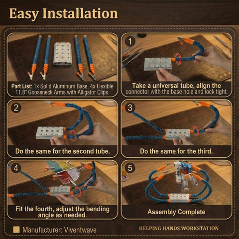Easy installation guide for Four Arm Handy Helping Hands Pro Grade With Eleven Point Eight Inch Extended Gooseneck And Three Sixty Degree Rotating Alligator Clamps Third Hand PCB Holder