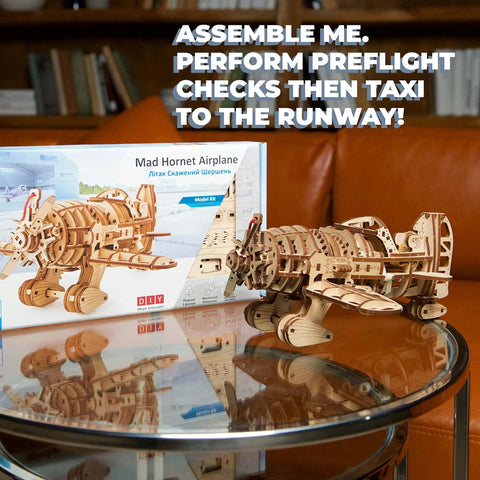 Vintage Wooden Airplane Model Kit With Wind Up Motor A Dope 1930s Racing Aircraft Puzzle For Adults DIY 3D Wood Plane Build on table