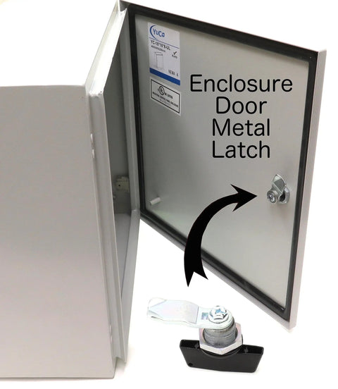 Fully Enclosed IP66 Steel Electrical Enclosure, NEMA 4 Rated, UL Listed, cabinet with open door showing metal latch.