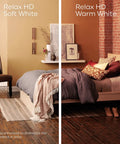 Side-by-side room comparison with Relax LED Candle Light Bulbs Soft White and Warm White for cozy living ambiance.