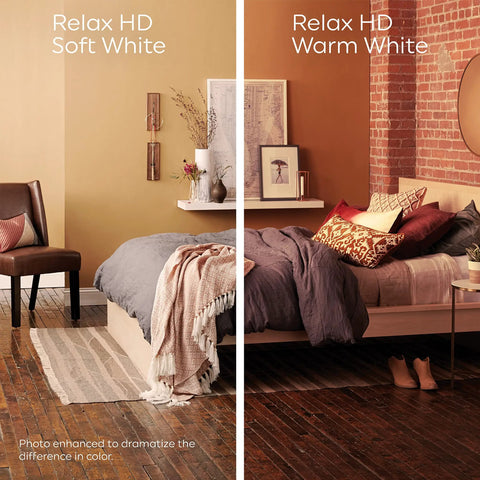 Comparison of room lighting with Relax HD Soft White and Warm White, enhancing cozy vibes with Soft White LED Light Bulbs 40W Equivalent G25 Globe Clear Medium Base 2 Pack For Cozy Vibes Energy Efficient Warm Glow Enhanced Color Home Comfort In Your Living Room.