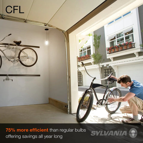 Man fixing bike in garage lit by Six Pack Of Twist Cfl Light Bulbs Giving Off Cozy Soft White 2700K Glow With 1600 Lumens Brightness
