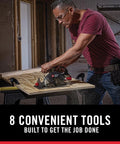 Killer 20V Max Lithium Eight Tool Combo Kit With Dual Batteries And Quick Charger features a user cutting wood with a circular saw.