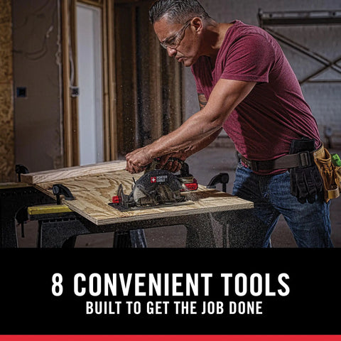 Killer 20V Max Lithium Eight Tool Combo Kit With Dual Batteries And Quick Charger features a user cutting wood with a circular saw.