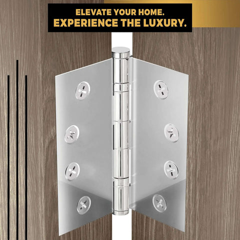 Solid Brass Chrome Door Hinge Heavy Duty Ball Bearing For Slammin Doors 4.5 By 4.5 Inch installed on wooden door