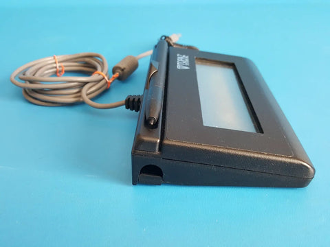 Premium USB Electronic Signature Capture Pad With Pressure Sensitive Tracking For Crisp Biometric Paperwork And A Zero Fuss Plug Play Setup That Really Knocks Out Contract Signings In Record Time For Sure, side view with grey cable attached.