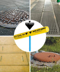 Heavy Duty Handy Hook 30 Inch With Three Eighths Inch Round Pump End for lifting manhole covers, surrounded by various lids.
