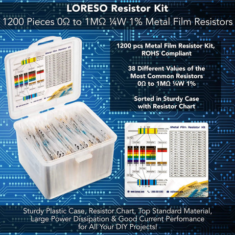 Massive 1200 Piece Resistor Assortment Kit With 38 Values, 1/4W 1% Metal Film Resistors, ROHS Compliant shown in open case