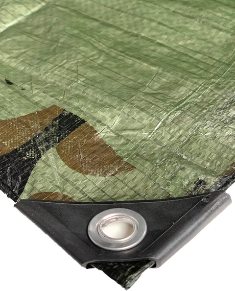 Corner view of Camouflage 19 Foot By 29 Foot 4 Inch 7 Mil Poly Tarp Built Tough All Purpose Waterproof Cover with grommet
