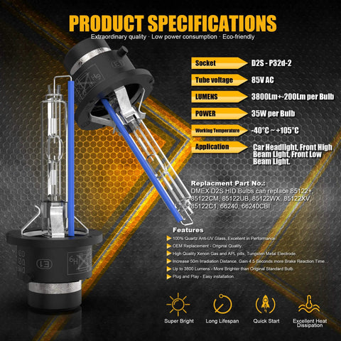 Product specifications for D2S HID Xenon Headlight Bulbs 35W Replacement Pack Of 2 6000K Cool White, showing bulb details.