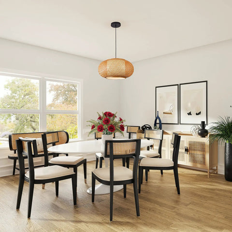 Dining room with Bamboo Pendant Light With Basket Weave Shade Dope Rattan Chandelier For Kitchen Island And Nursery 23 Inch Hanging Ceiling Light With E26 Bulb Included