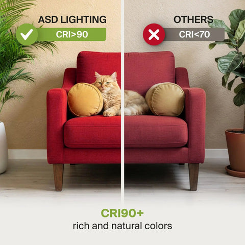 Comparison of ASD lighting effect on a red chair with a cat, highlighting CRI90+ for rich colors.