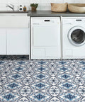 Laundry room with Marrakesh Inspired Peel And Stick Floor Tiles In Blue Floral Vinyl Water Resistant Washable 12 By 12 Inches Pack Of 10 Easy Install No Grout Needed Durable Virgin Vinyl With Textured Low Lustre Finish