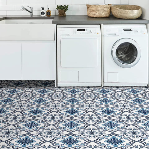Laundry room with Marrakesh Inspired Peel And Stick Floor Tiles In Blue Floral Vinyl Water Resistant Washable 12 By 12 Inches Pack Of 10 Easy Install No Grout Needed Durable Virgin Vinyl With Textured Low Lustre Finish