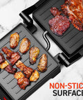 Compact Panini Press And Contact Grill With Floating Top Plate To Make Juicy Sandwiches Quickly, showing grilled meats on non-stick surface.